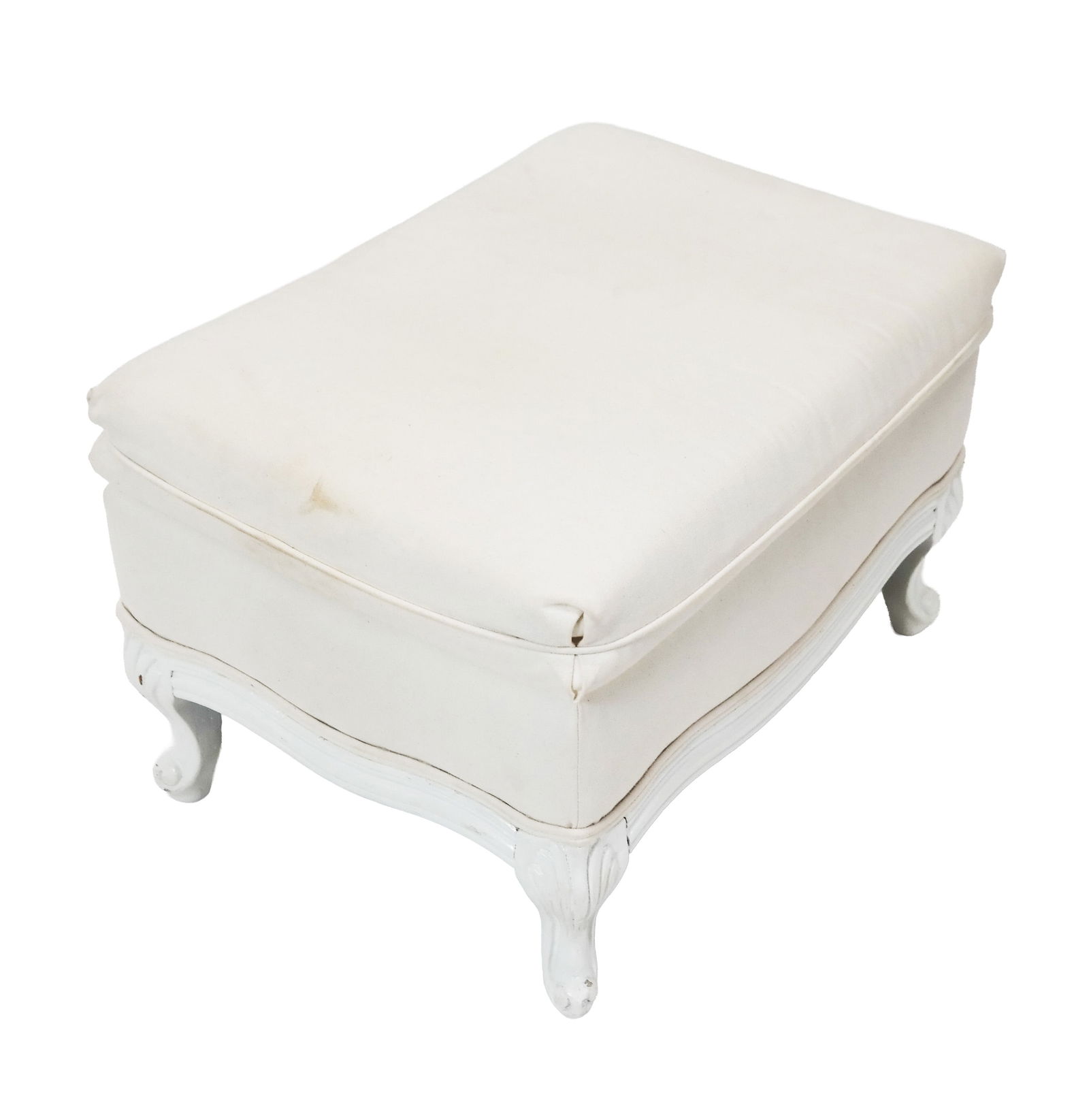 Provincial Louis XV Painted Ottoman: French Provincial Louis XV painted ottoman with attached pillow top on upholstered frame and painted white carved base. [16" H x 24" W x 18" D]. ROOM 3