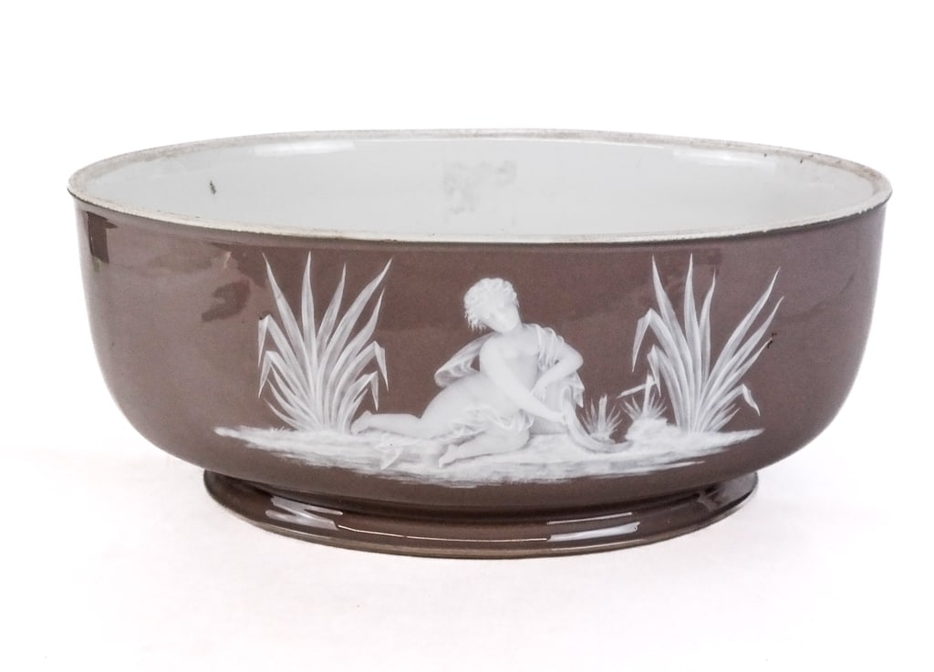 Gibus & Redon Pate-Sur-Pate Center Bowl: Gibus & Redon pate-sur-pate taupe ground center bowl, French, last quarter of the 19th century, depicting Venus with Cupid amongst the clouds, and recumbent Venus by the water's edge amongst the reeds