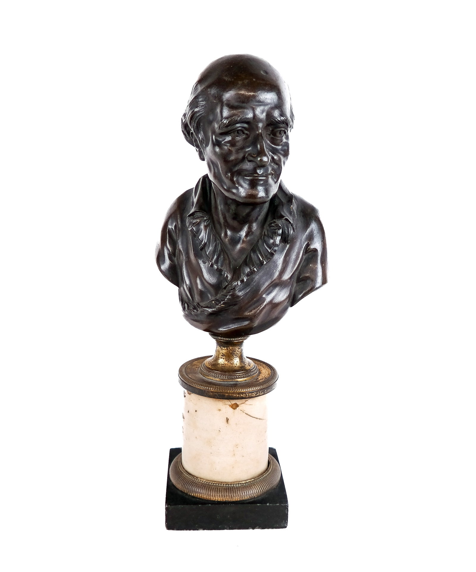 Bronze Bust of a Man on a Marble Base: Bronze bust of a man on a marble base, probably 20th century, with the man wearing 19th century style clothing mounted on gilt metal and marble base. [12.5" H x 5" W x 4" D] Overall condition is good,