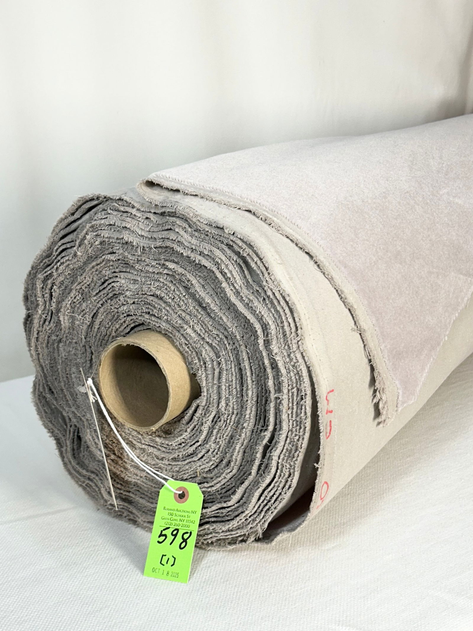 Claremont of London's Mohair Velvet Fabric: 27 gorgeous yards of Claremont's dove-colored multi-purpose "Mohair Velvet", 54 1/2" width. For upholstery or portieres; residential or hospitality. In excellent condition.