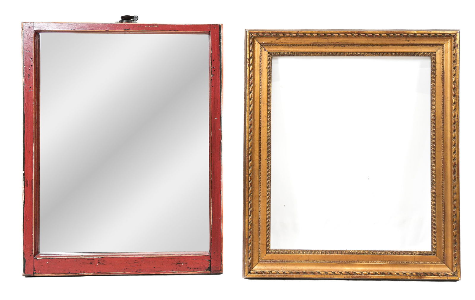 Red and Gilt Decorated Mirror: Red and gilt decorated mirror. [Mirror: 29.5" H x 33" W x 1.5" D, Frame: 29.25" H x 25" W].