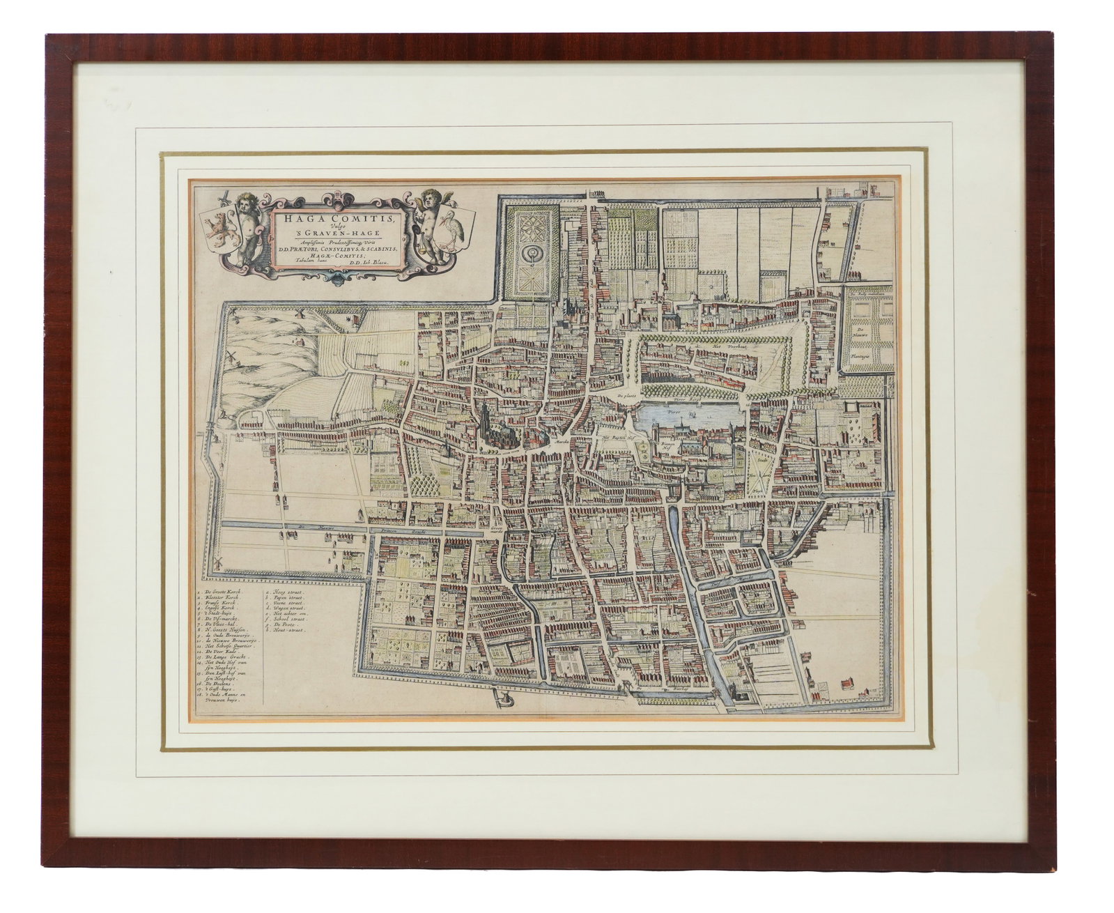 Framed Map of The Hague, Netherlands: Framed map of The Hague, Netherlands, "Haga Comitas Vulgo - S. Graven - Hage". [Map: 15" H x 19" W; Frame: 23.5" H x 28" W]. Some age toning, faded.
