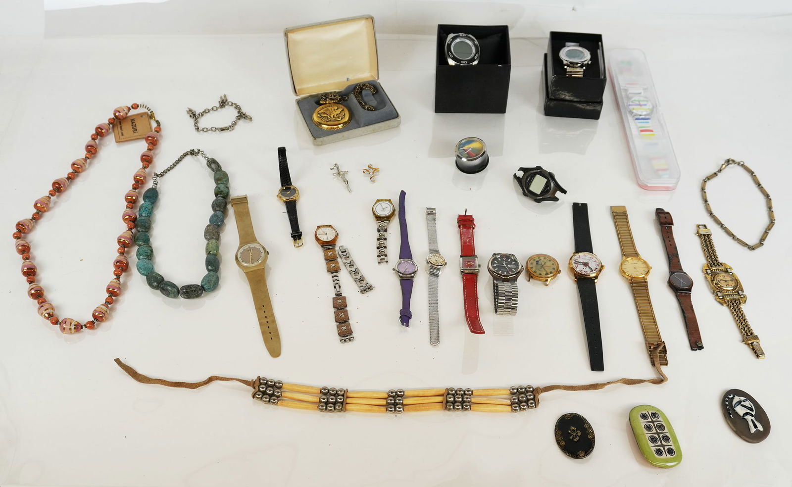 Misc. Timepieces, Costume and Fragments, 25+: Miscellaneous group of metal, plastic, silver and composition, comprising assorted timepieces and fragments - bearing names - Swiss Hard-On, Swatch, Artmitron, Mathey Tissot, Vendome, Bijou, Lord Elgi