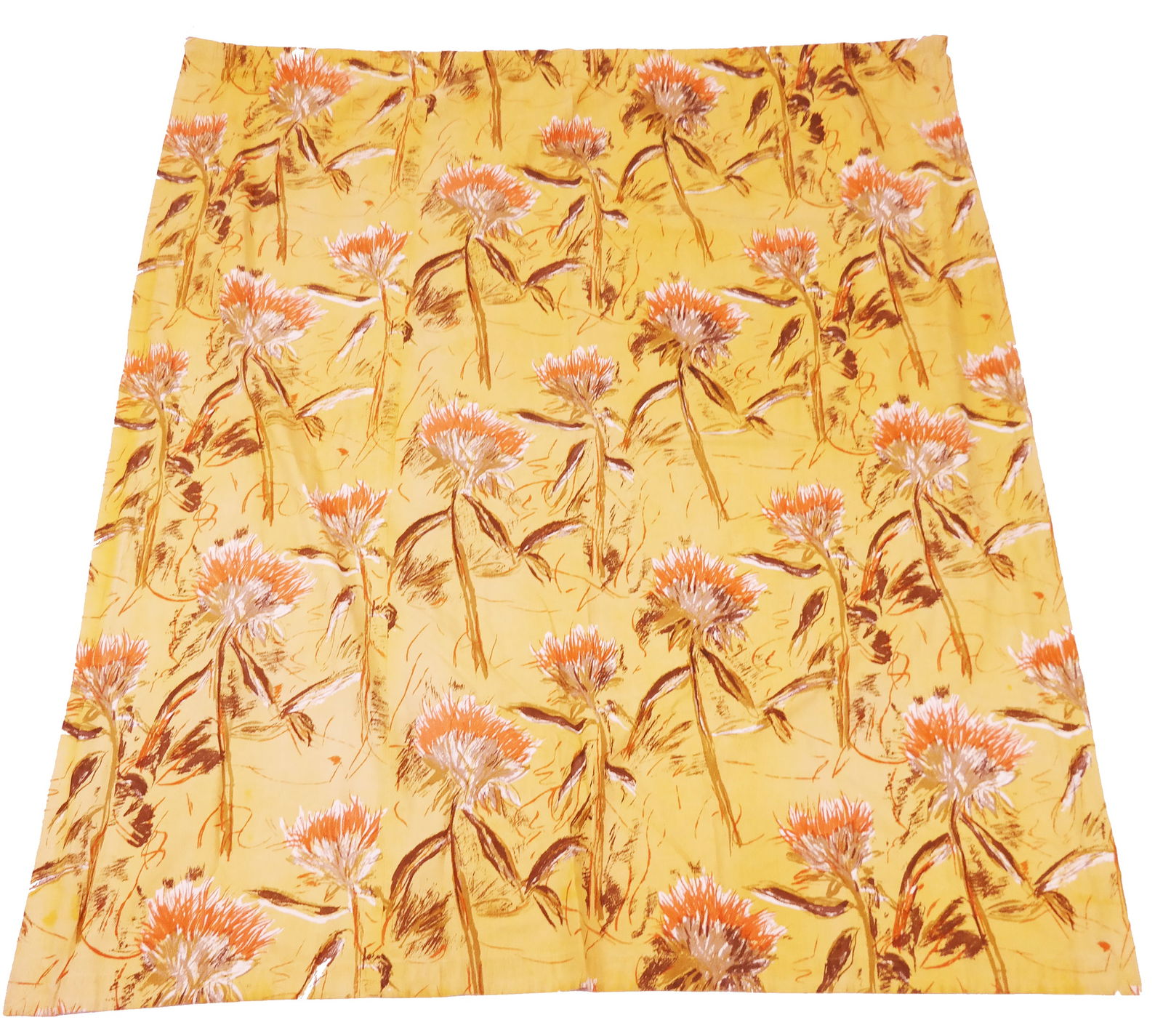 Althea McNish for Hull Traders "Oriana" Curtain: Althea McNish for Hull Traders "Oriana" Screen-Printed Curtain, having pale goldenrod yellow ground with loose, sketchy floral sprays in rust orange, brown and white; made into a curtain circa 1960s;