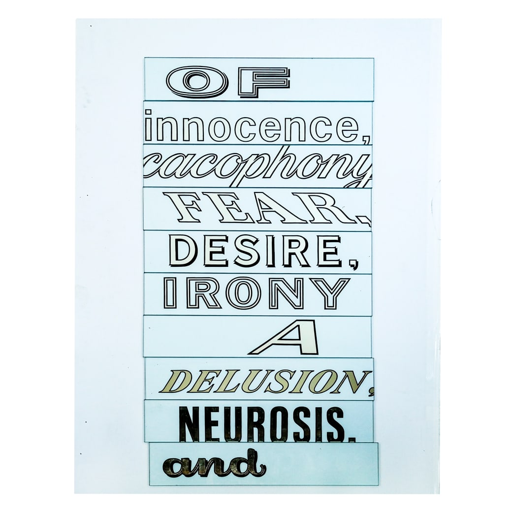 Joe AMRHEIN: "Cacophony" - Text on Glass: Joe Amrhein (American, b. 1953) text stenciled on ten glass panels, titled "Cacophony". With bracket for mounting. Overall in good condition with light wear.