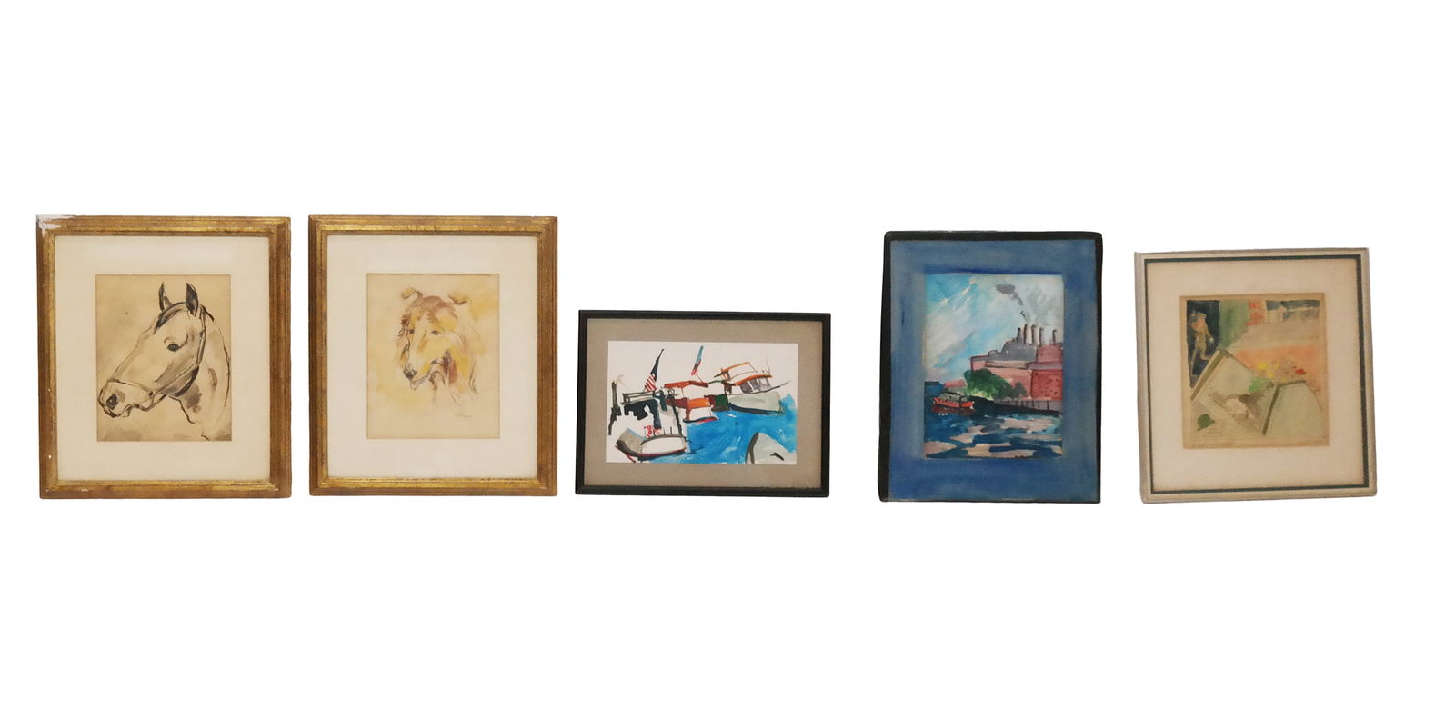 Collection of 5 Original Works on Paper: Collection of Five Original Works on Paper, including: a humorous ink drawing with watercolor titled "A Death on the escalator", signed and dated lower right "Gosnell (?) 1965"; an abstract painting o