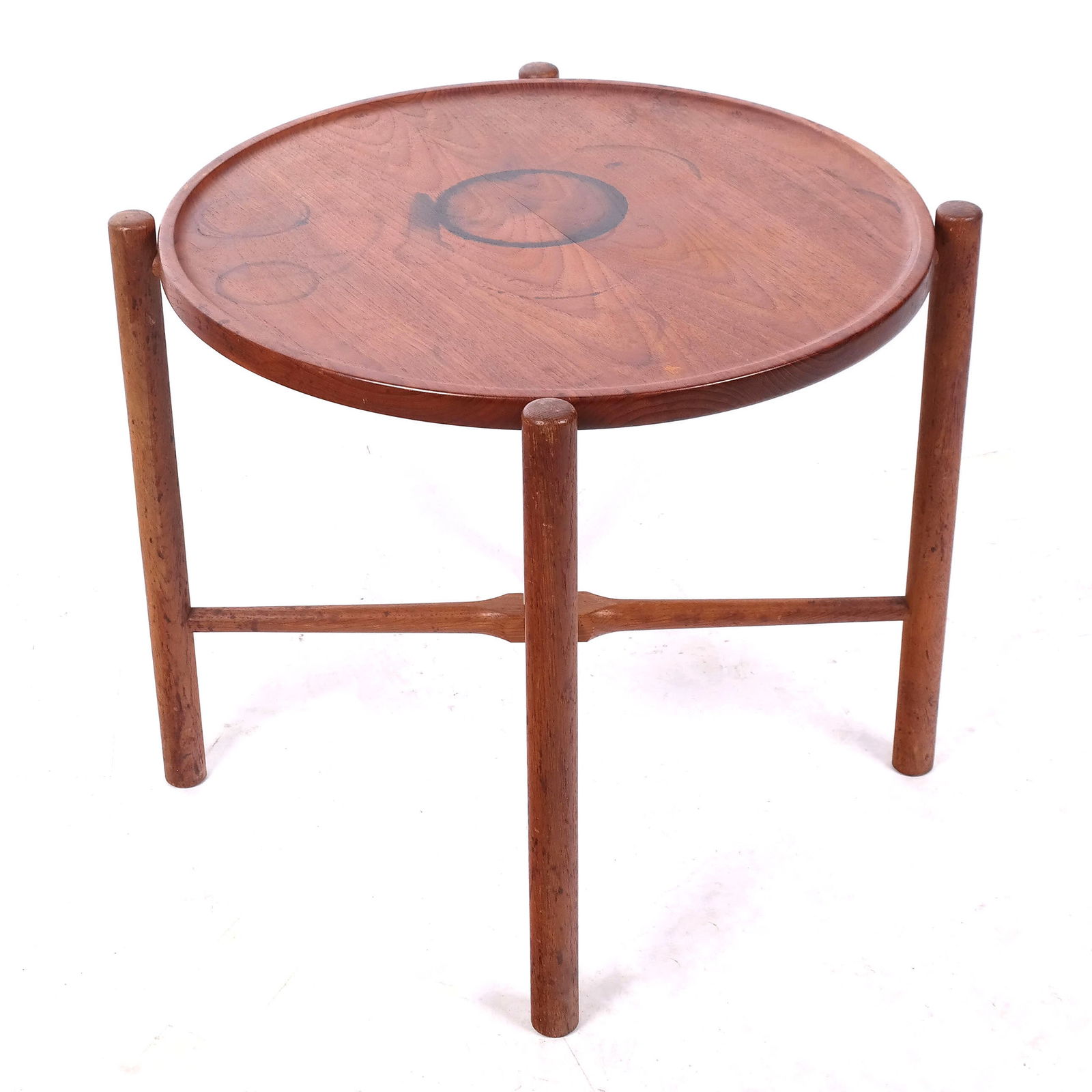 Hans Wegner for Andreas Tuck Tray Top Table: Hans Wegner for Andreas Tuck tray top table, Danish mid-century modern design with removable teak round top and x-form base; stamped to base. [19" H x 24 1/2" Diam.]. Stains to both sides of top, mark