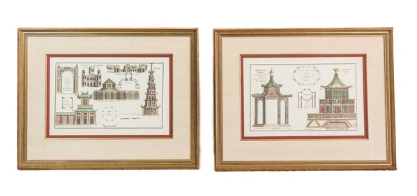 2 French Hand-Colored Architectural Engravings