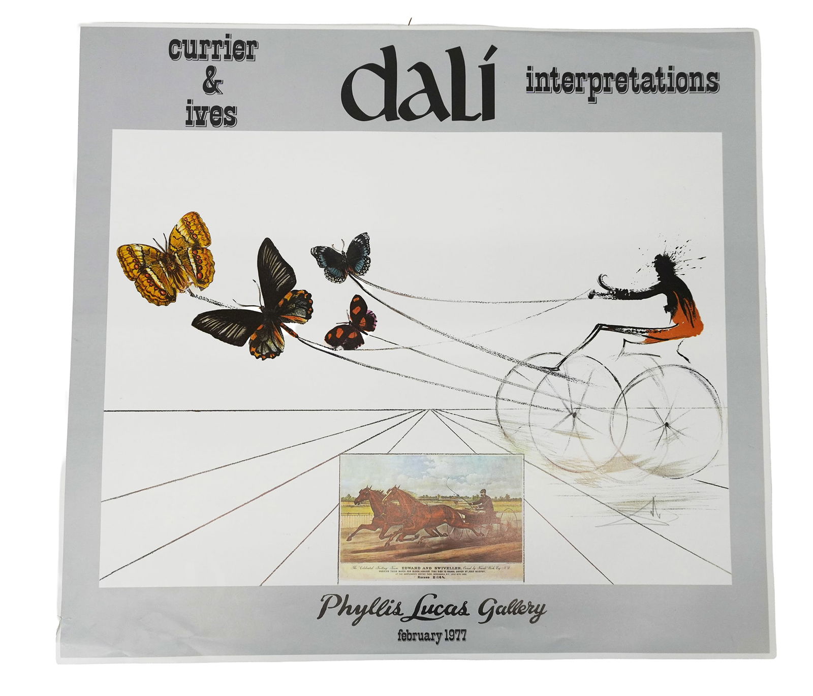100+ Currier & Ives Salvador Dali Posters: Group of 100+ Salvador Dali off-set lithograph posters, "Currier & Ives Dali Interpretations / Phyllis Lucas Gallery / February 1977". Provenance: Phyllis Lucas Gallery, NYC. [Sheet approx: 39" H x 23