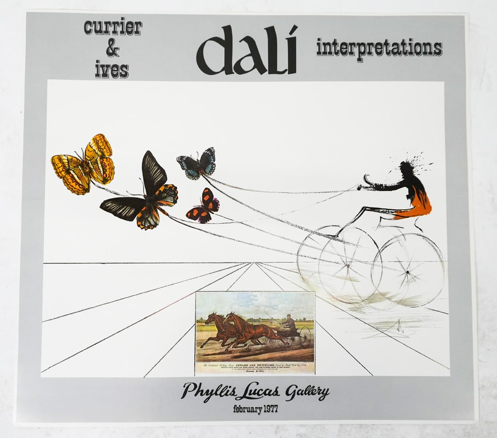 100+ Currier & Ives Salvador Dali Posters: Group of 100+ Salvador Dali off-set lithograph posters, "Currier & Ives Dali Interpretations / Phyllis Lucas Gallery / February 1977". Provenance: Phyllis Lucas Gallery, NYC. [Sheet approx: 39" H x 23