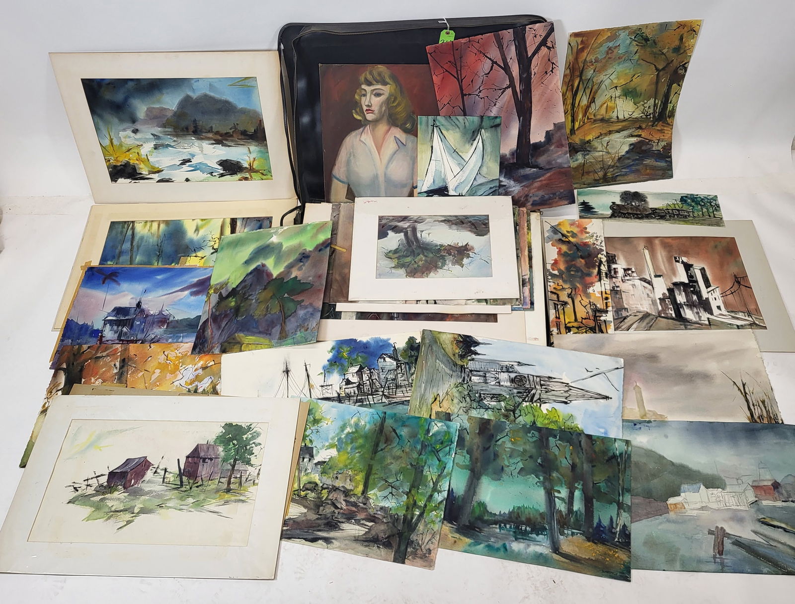 Charlotte HOFFMAN: Collection of 100+ Watercolors: Charlotte Hoffman (American, 20th C.) a large black portfolio containing a collection of over 100 watercolors, depicting various landscapes, port scenes, figural studies, abstract compositions, and mo
