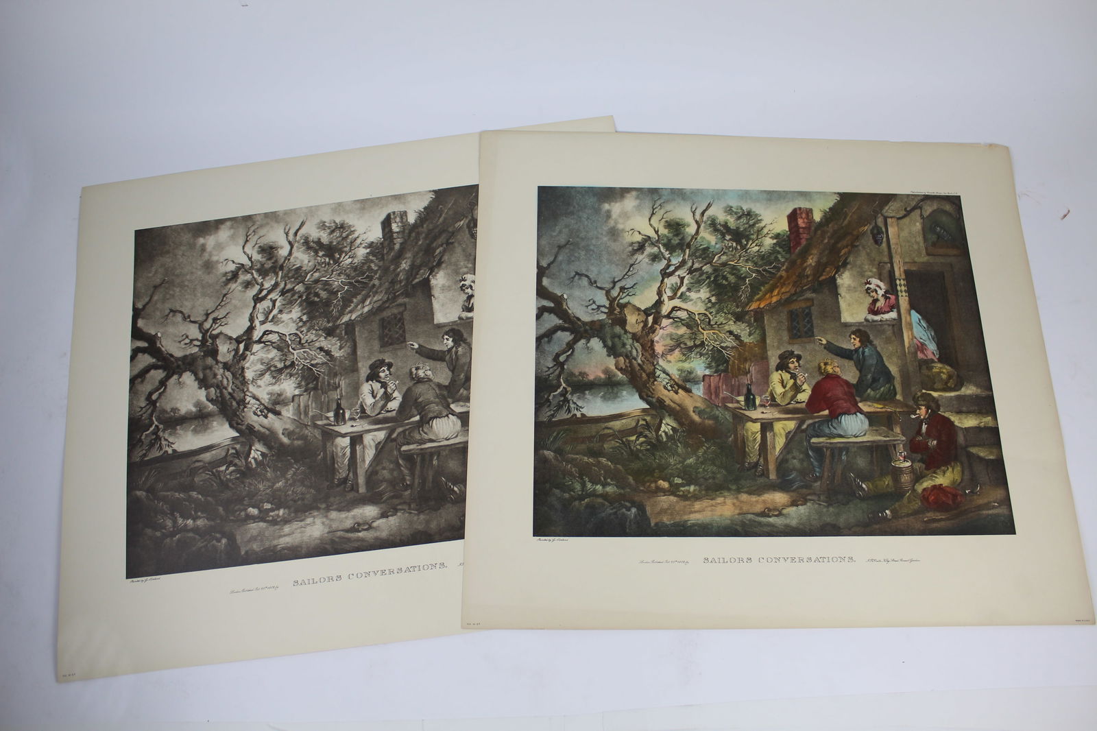 George MORLAND: "Sailors Conversations" - 2 Prints: Two vintage 20th century black and white and color prints after a work by George Morland (English, 1763-1804) titled "Sailors Conversations". Originally published in the late 1700s and later republish