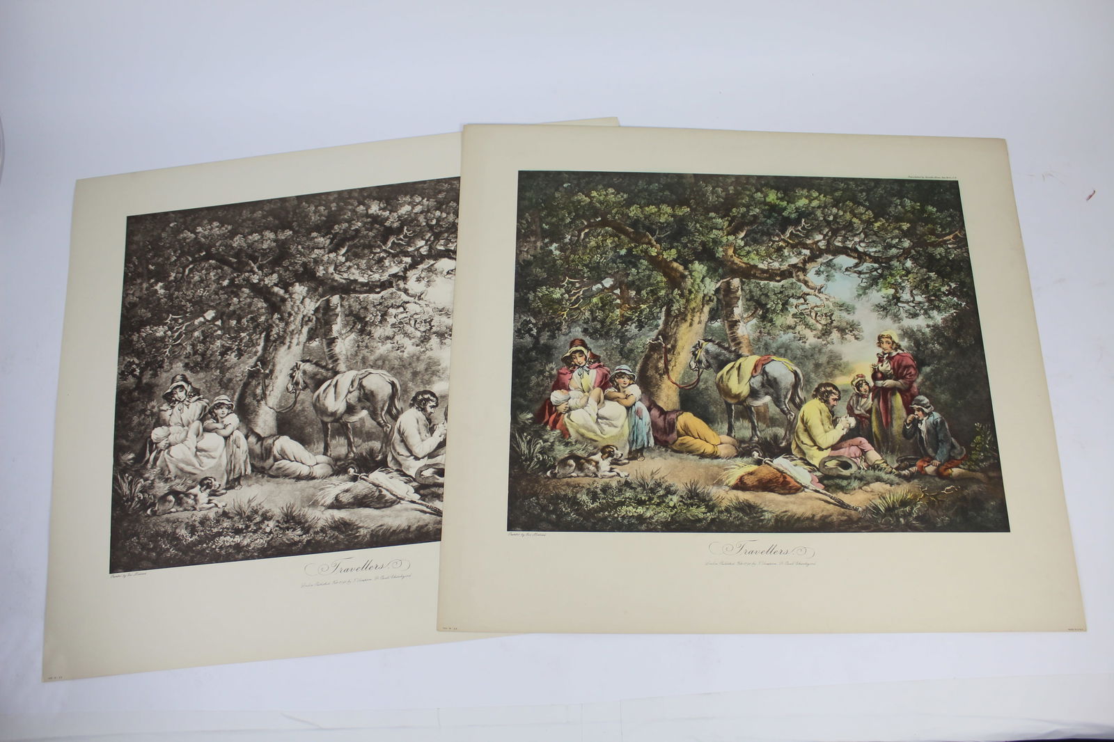 George MORLAND: "Travellers" - 2 Prints: Two vintage 20th century black and white and color prints after a work by George Morland (English, 1763-1804) titled "Travellers". Originally published in the late 1700s and later republished by Camil