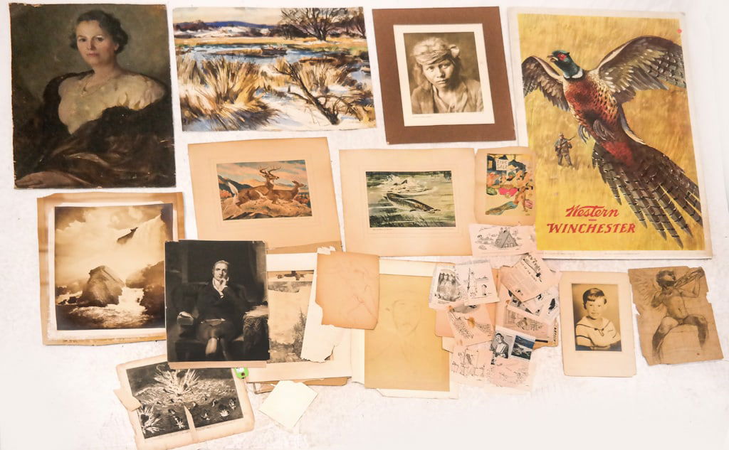 Large Group of Unframed Original Works (20+): Large collection of assorted unframed original works and works on paper, including: pencil studies and illustrations; assorted prints and engravings; vintage newspaper cartoons and advertisements; an