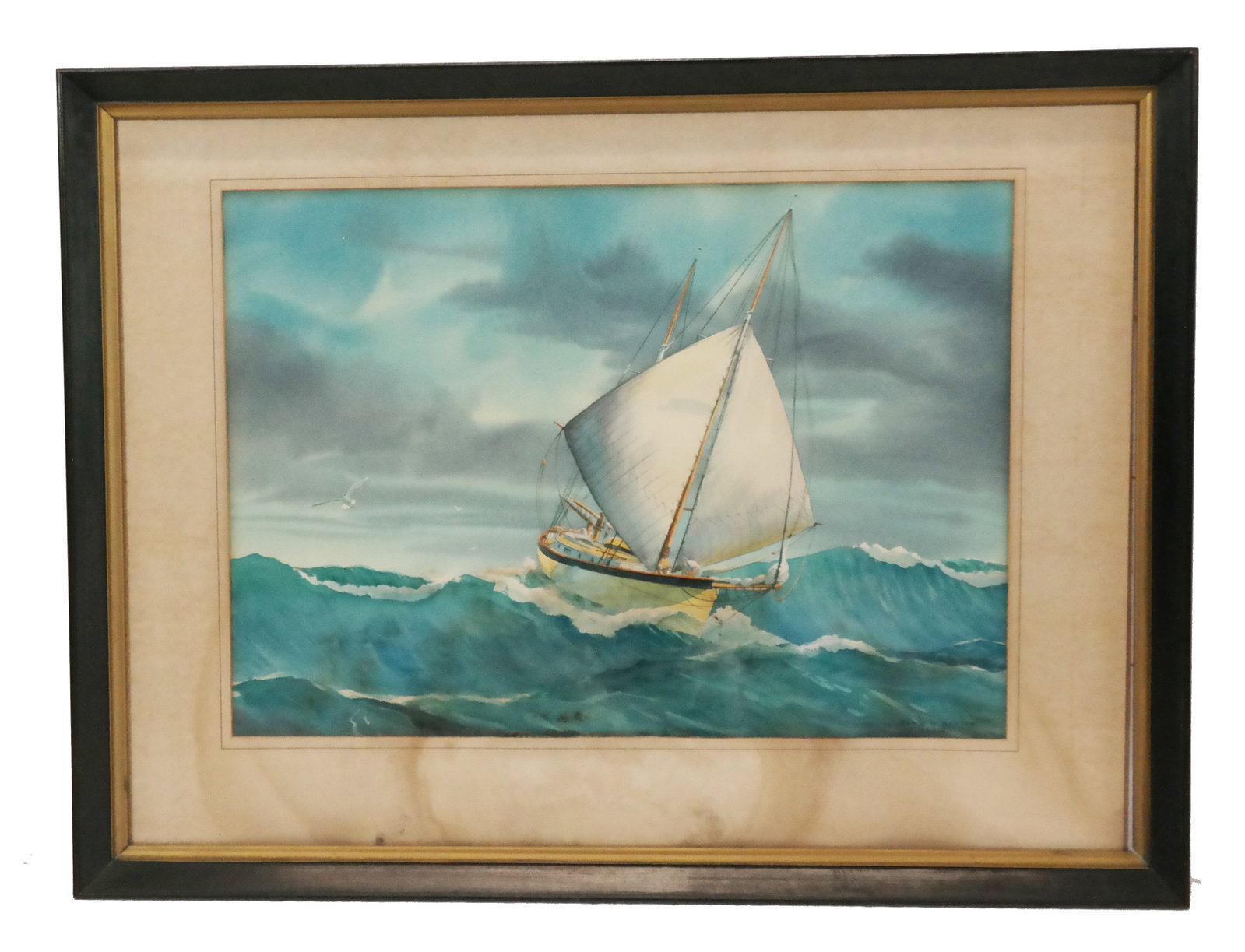 Earle BARLOW: Sailboat at Sea - Watercolor: Earle G. Barlow (American, 1923-2013) framed watercolor painting depicting a sailboat at rough seas, signed and dated lower right, 1969. [Sight: 16" H x 22.75" W; Frame: 24.25" H x 32.25" W]. Work in 