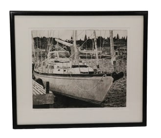 Harbor Scene w/ Sailboat - Signed Etching