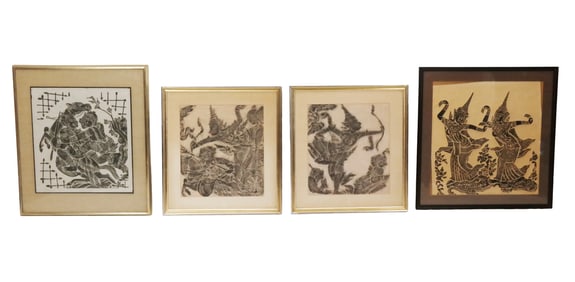 4 Vintage Thai Temple Rubbings on Rice Paper