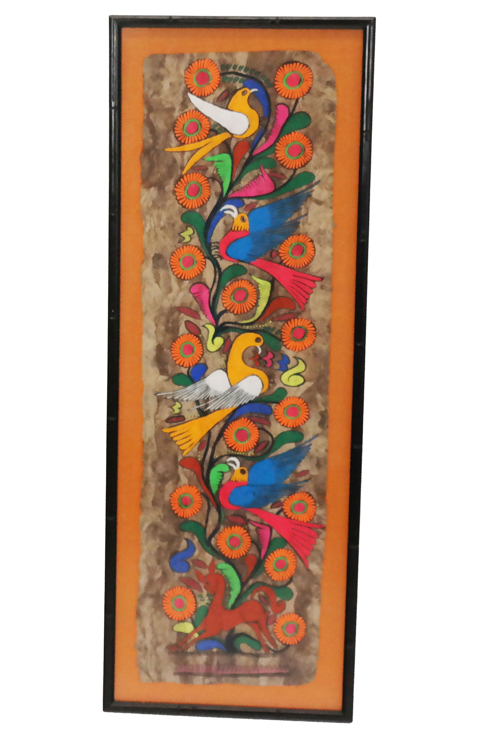 Vibrant Mexican Folk Art Amate Bark Painting: Vibrant Mexican Folk Art Painting on Amate Bark, having bird and floral motif, terminating with a stylized horse. [Frame: 41" H x 15" W]. Overall good condition.