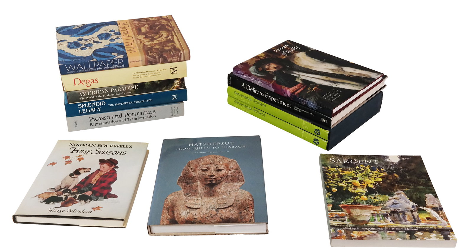 Collection of Hardcover Art Books (11): Collection of 11 Hardcover Art Books, some titles include: Degas, Picasso and Portraiture, American Paradise, Sargent, Hatshepsut, Norman Rockwell's Four Seasons, Wallpaper, and more. Overall good con