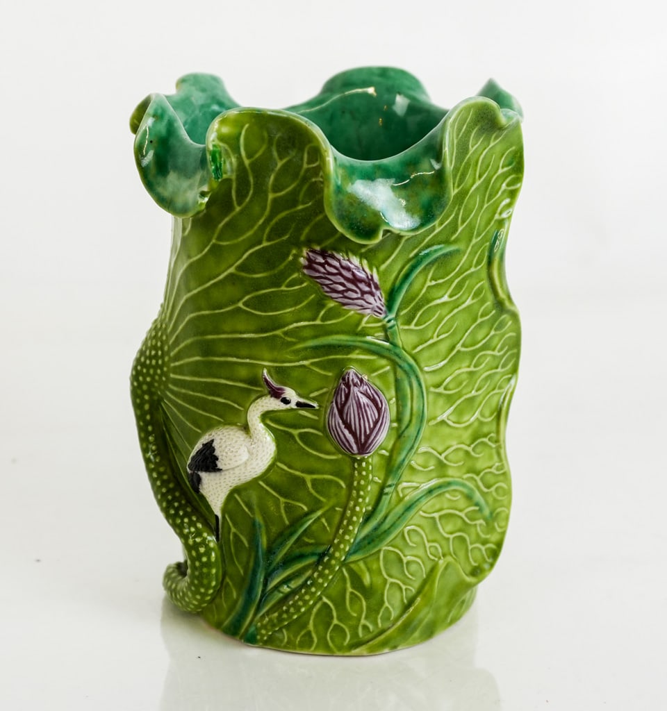 Chinese Shiwan Ware Lotus Vase with a Crane (1 of 8)