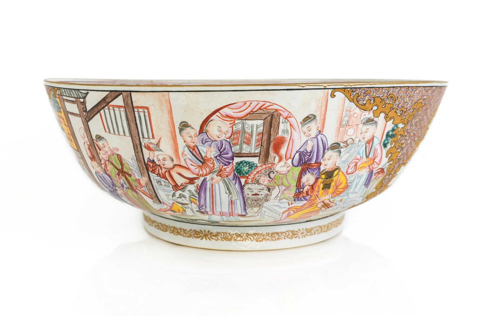 Chinese Qing Dynasty Famille Rose Punch Bowl: Chinese Qing Dynasty Famille Rose punch bowl, 19th century, with foliate decoration at inner, and hand painted figural scenes to outer, unmarked. [5" H x 12.75" Diameter]. Condition is good with some 