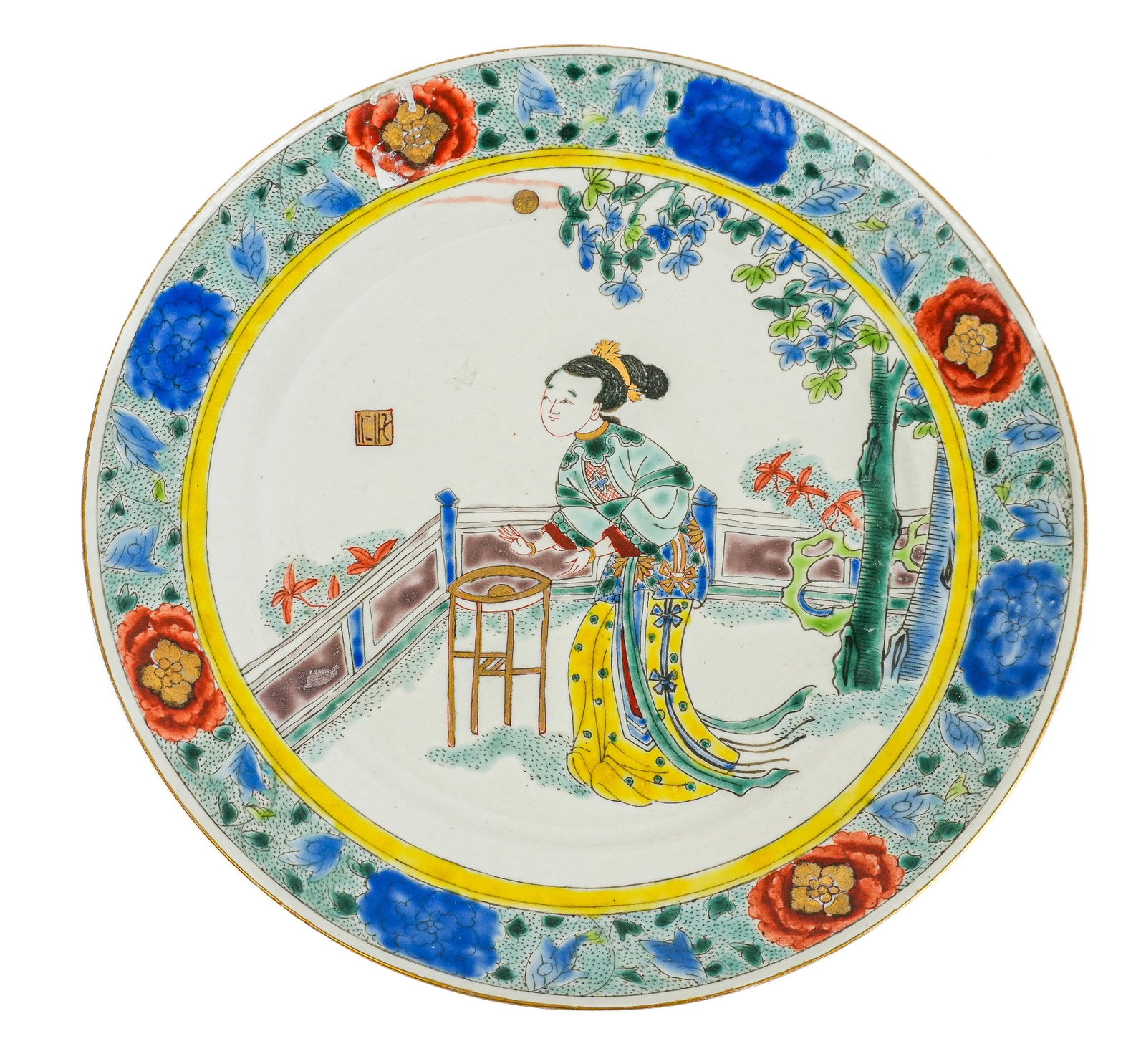 Chinese Pair of Famille Vert Plates: Chinese pair of Famille Vert porcelain plates, 19th century, with gilt and floral decoration to border and a figural scene to center, unmarked. [8" Diameter]. Condition is good.