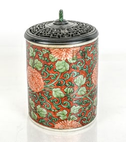 Chinese Porcelain Potpourri with Pierced Wood Lid
