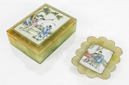 Chinese Two Enamel and Green Stone Articles