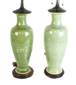 Chinese Pair Celadon Crackle Glazed Vases as Lamps