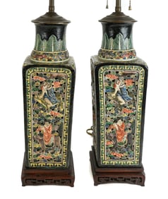 Chinese Pair of Famille Noir Vases as Lamps