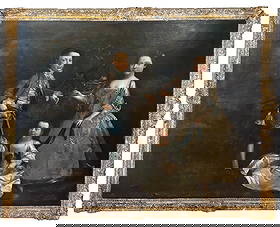 Stephen SLAUGHTER attrib. Palatial Oil on Canvas: Stephen Slaughter (English, 1697-1765) attributed palatial oil on canvas portrait, circa 1750, depicting three children in a landscape around a bowl of fruit with a bird, apparently unsigned, in a car