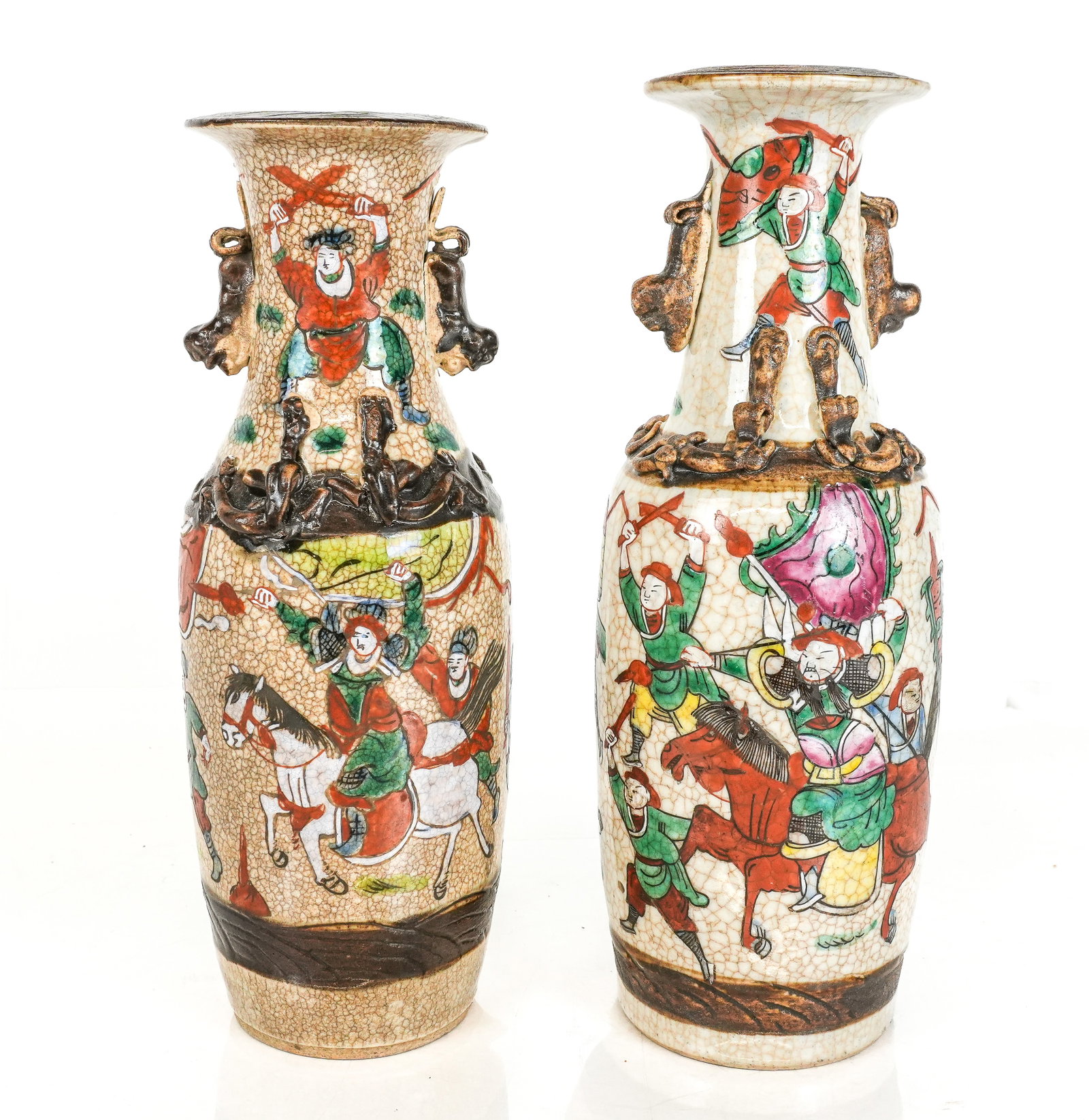 Chinese Qing Dynasty Famille Vert Vases, 2: Two Chinese Qing Dynasty Famille Vert vases, 19th century, with hand-painted figural and warrior decoration, marks to bases of each. [Taller: 12" H x 4.5" Diameter]. Condition to each is good with war