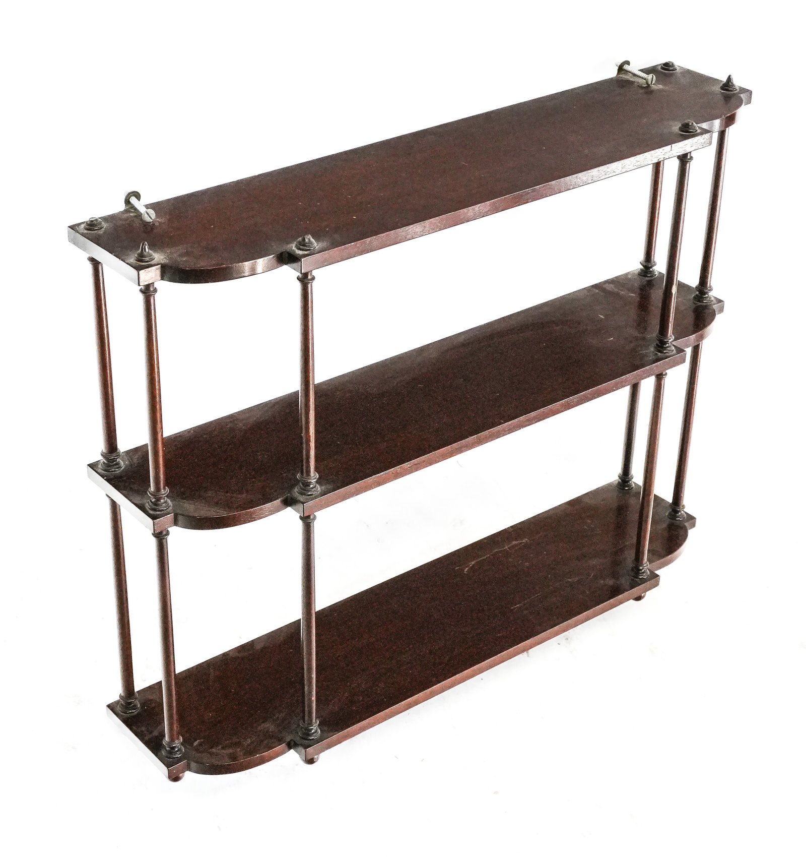 Sheraton Three-Tier Hanging Etagere: Sheraton mahogany three-tier hanging etagere, 20th century, with ball feet. [21" H x 26.5" W x 6.5" D].