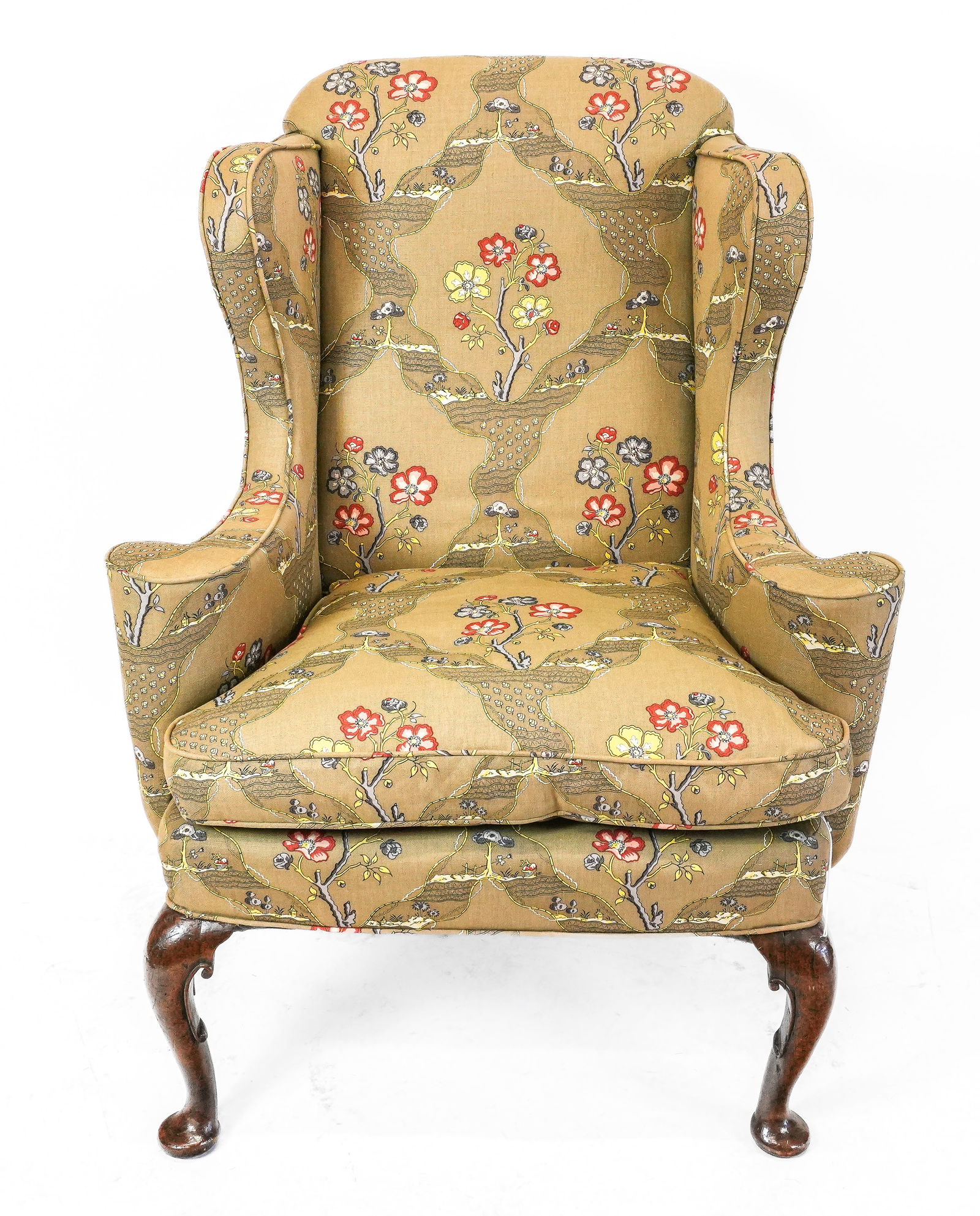 Queen Anne Mahogany Wing Chair: Queen Anne mahogany wing chair, late 19th century, with floral upholstery. [43" H x 32" W x 31" D; 21.5" H to seat].