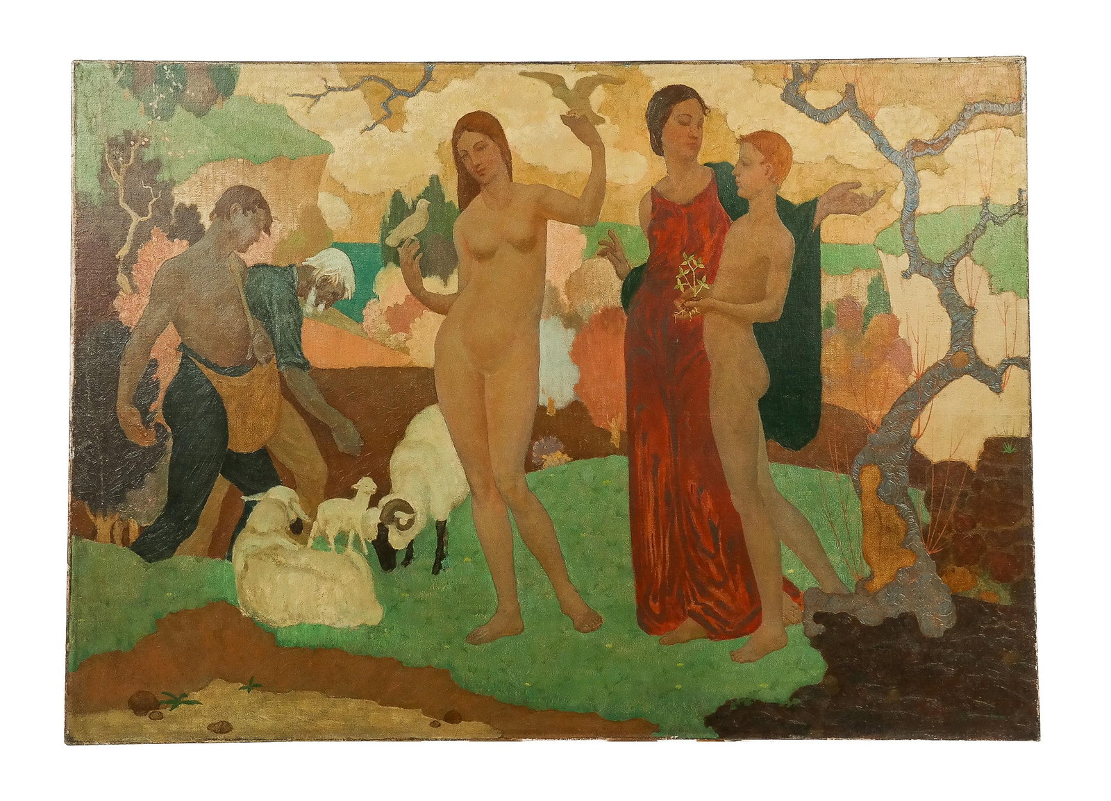 Michael J. MUELLER Jugendstil Oil on Canvas: Michael J. Mueller (American 1893–1931), nude and pastoral figural scene, possibly allegorical, late 19th century, signed to lower right, unframed. [30" H x 45" W]. Condition is good to fair with we