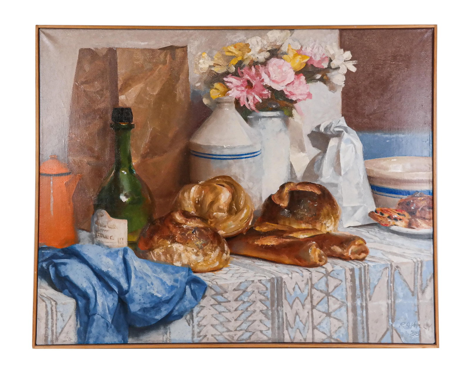 Paul RAHILLY "Still Life with Wine and Bread" O/C: Paul Rahilly (American, 1933 - 2024) "Still Life with Wine and Bread" oil on canvas, 1988, with Gallery Naga label affixed to verso, dated and signed Rahilly to lower right [24" H x 30" W]. Condition