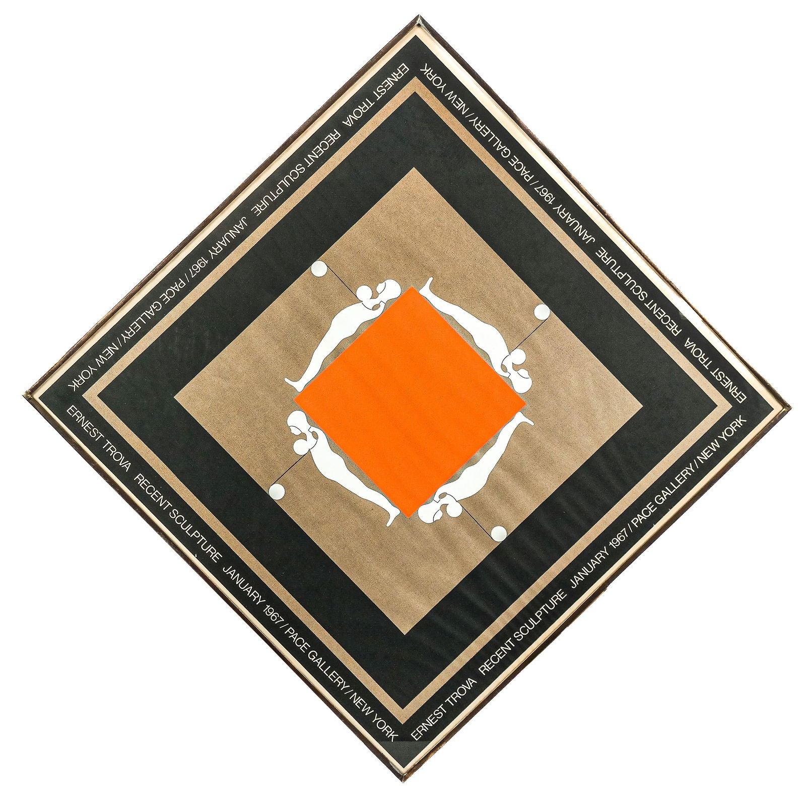 Ernest Trova Recent Sculpture Pace Gallery Poster: Ernest Trova (American, 1927-209) "Recent Sculpture" poster from Pace Gallery, January 1967 in a frame. [Framed: 26.75" Square]. Condition is good.