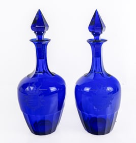 Pair of Etched Bohemian Cobalt Blue Decanters
