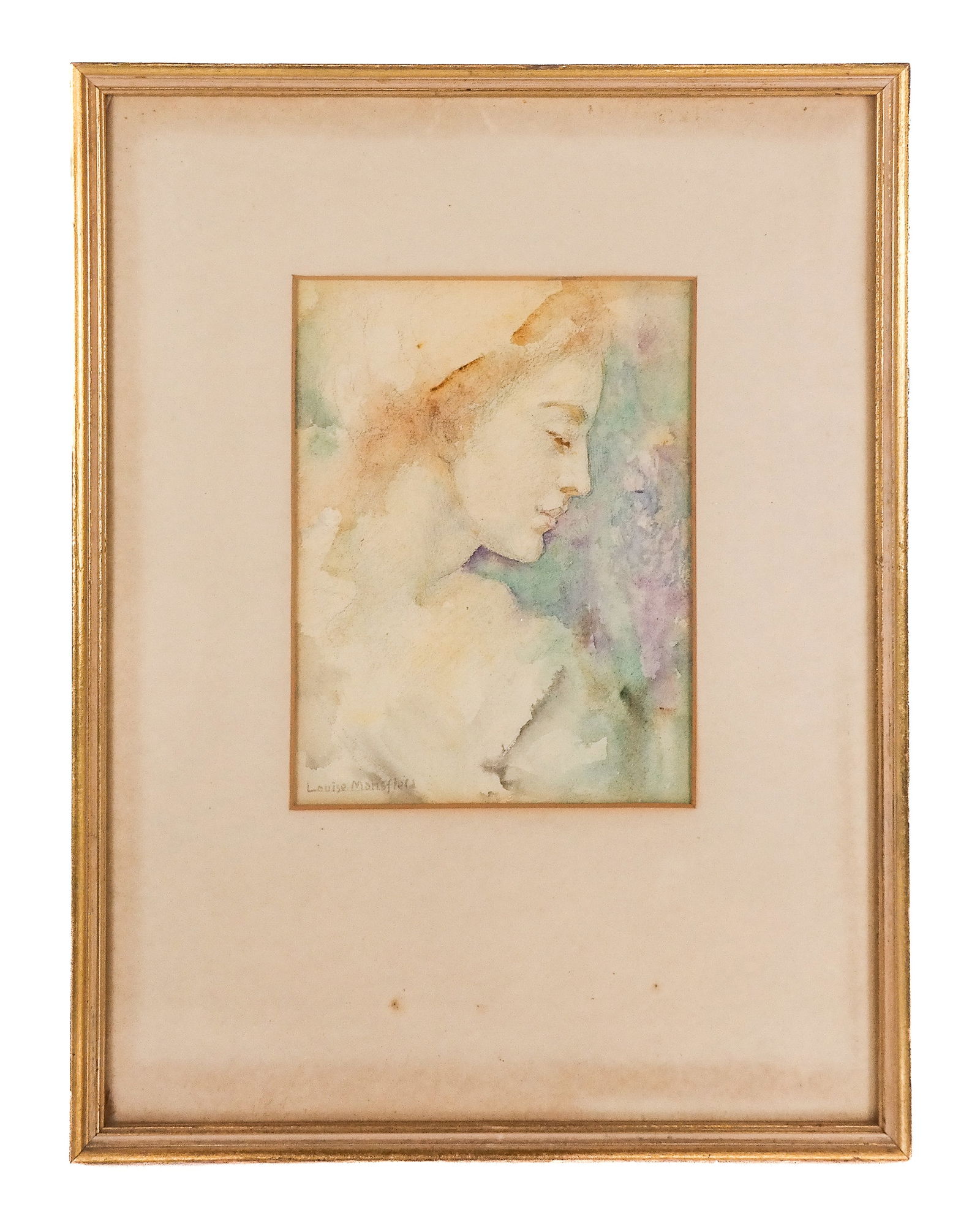 Louise MANSFIELD Figural Watercolor on Paper: Louise Mansfield (Ireland, 1950–2018) figural watercolor on paper in a frame, signed Louise Mansfield to lower right. [Sight: 8" H x 6.25" W; frame: 16.75" H x 12.75" W]. Condition to work is good,