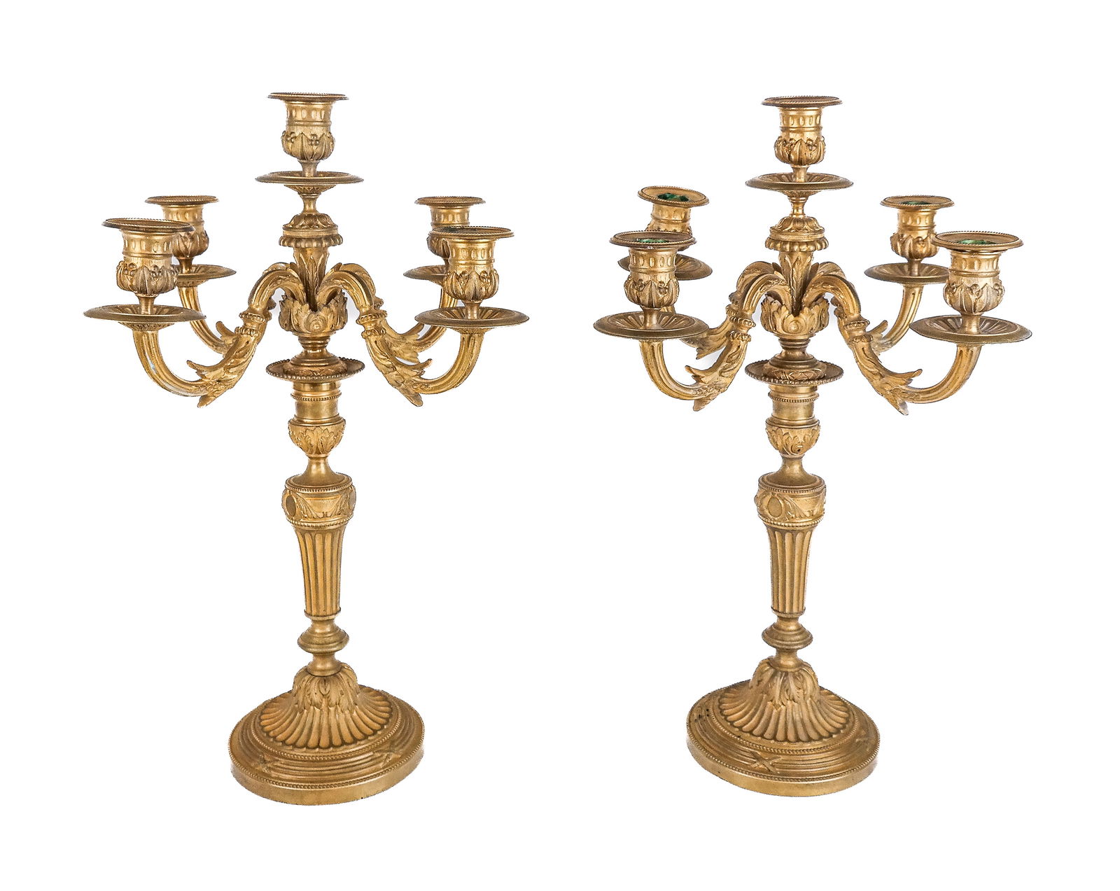 Pair of Louis XVI Gilt Bronze Candelabra: Pair of Louis XVI gilt bronze five light candelabra, first half of the 20th century, embellished with acanthus leaves and fluted standard. [18" H x 13" Diameter]. Overall condition is good, with some