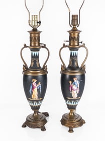 Pair of Greek Inspired Porcelain Urn Form Table La