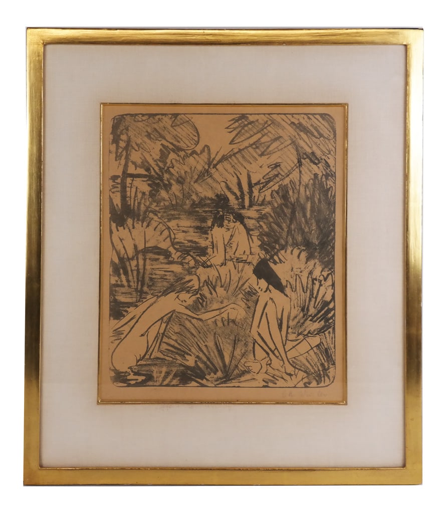Otto MUELLER Figural Nude Lithograph: Otto Mueller (German, 1874–1930) “Ein sitzendes und ein kniendes Mädchen unter Blättern,” or "A sitting and a kneeling girl under leaves" lithograph on paper, pencil signed Otto Mueller to