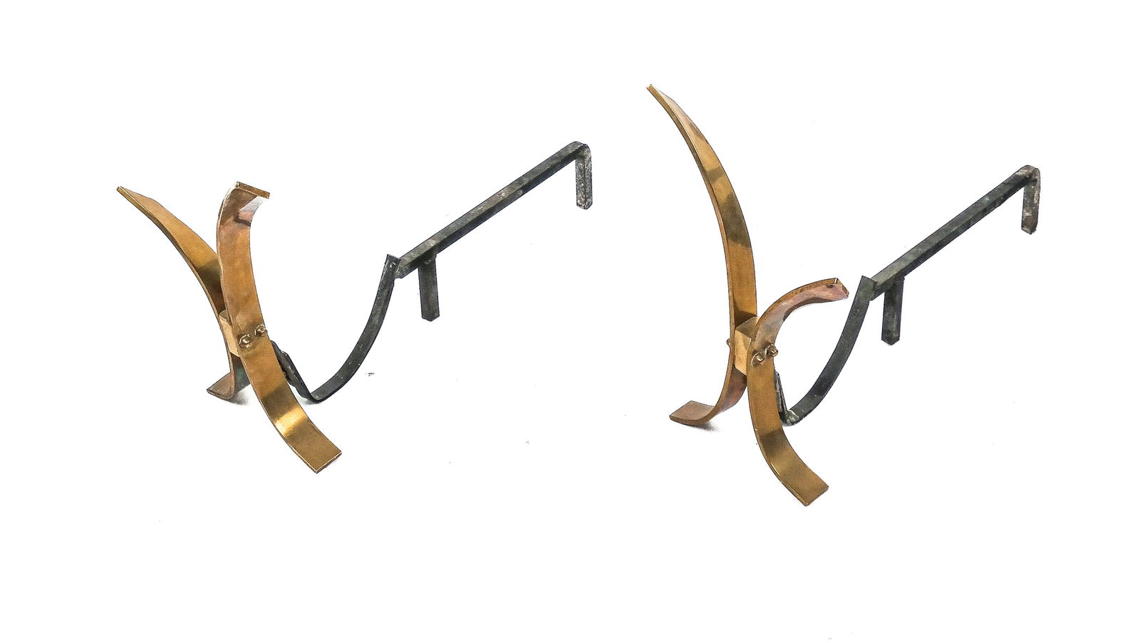 Pair of Mid-Century Modern Brass & Iron Andirons: Pair of mid-century modern brass and iron andirons, possibly by Donald Deskey. [15" H x 9.5" W x 23" D]. Overall condition is good, require cleaning.