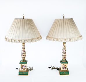 Pair of Limoges Column Lamps with Shades