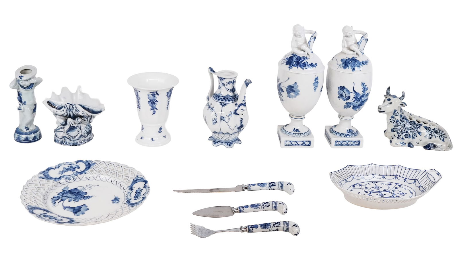 Royal Copenhagen and Other Porcelain, 12: Royal Copenhagen and other blue and white comprising a Royal Copenhagen Blue Fluted Full Lace demitasse pot, less its lid, a Royal Copenhagen Blue Flower Curved Pierced reticulated dinner plate, a Roy