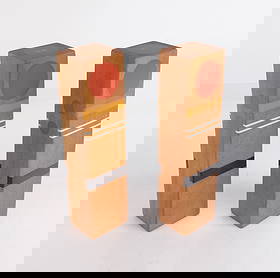 Pair of Robert MCKEOWN Mid-Century Modern Shakers: Pair of Robert McKeown (American, 1931-1989) Mid-Century Modern hand-made salt and pepper shakers with decorative inlay, one with Robert McKeown's wood burned signature, the other with a studio mark.