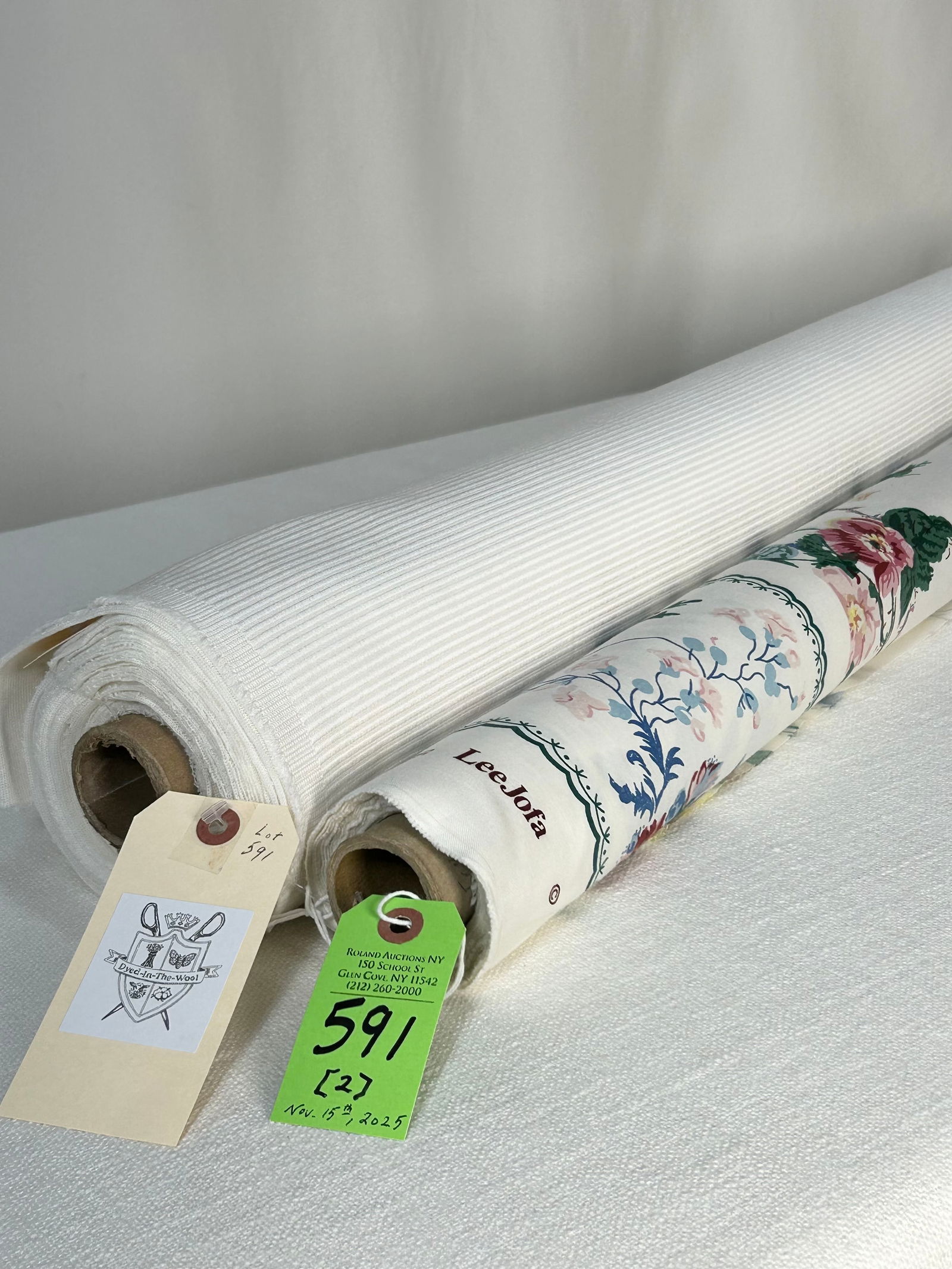 Lee Jofa Print And C. Hyland Woven Fabric: 1) 6 1/2 yards of Lee Jofa's multi-purpose printed floral cotton "Floral Bouquet", in multi on ivory. The grand floral bouquet is flanked by two 8" borders. The center field is 32 1/2" wide. The overa