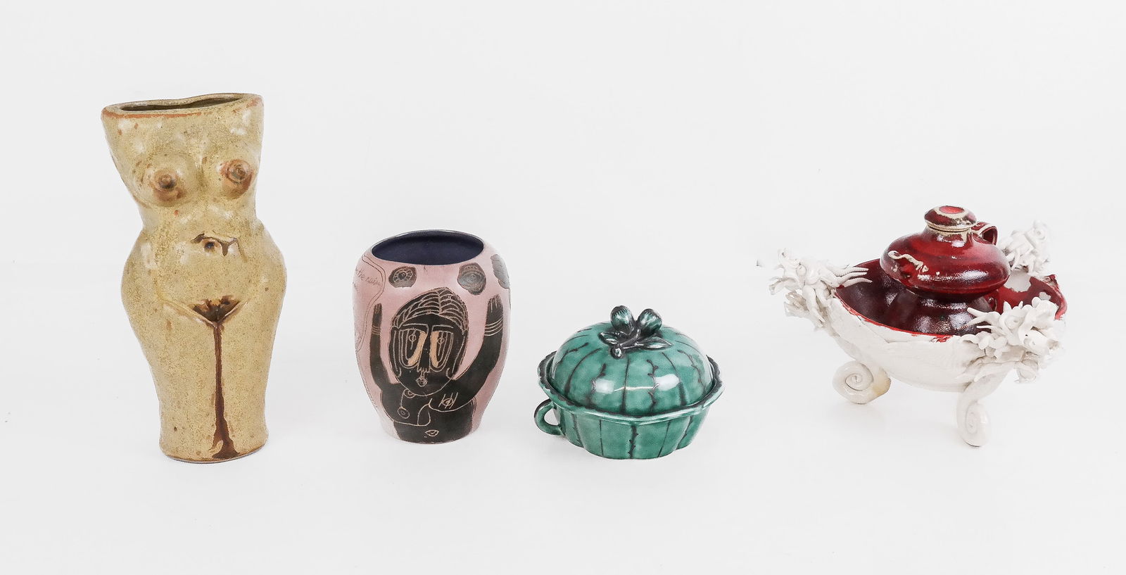 Four Studio Pottery and Other Articles: Studio pottery articles comprising a nude figural vase, signed Mendez, likely Louis Mendez (American, 1929-2012, a Washington Ledesma (Uruguay, b. 1941) decorated vase, an elaborately decorated incens