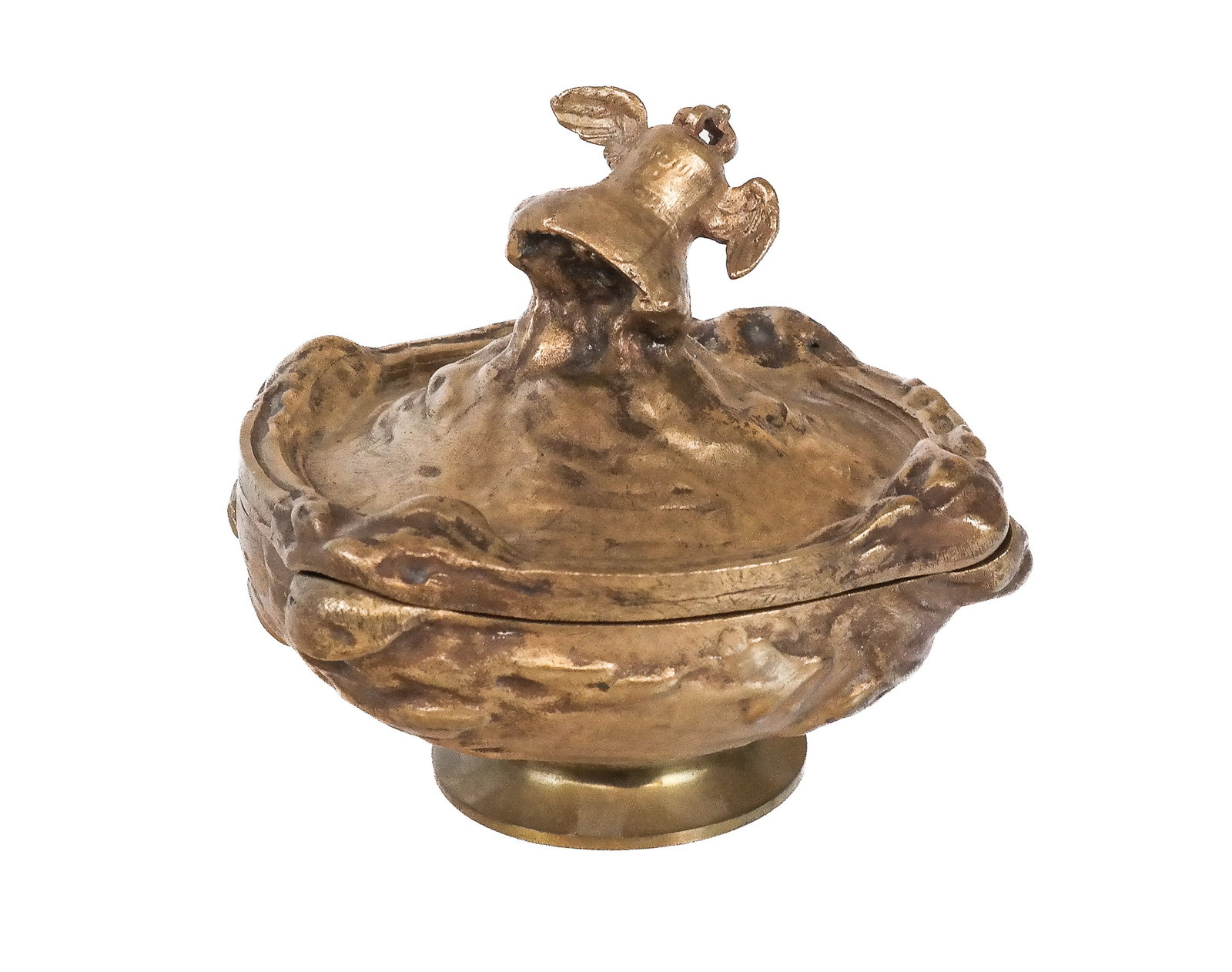 Art Nouveau Bronze Dore Box with Bell Finial: Art Nouveau bronze dore box, 19th century, likely French, with a bell finial and bell decoration to sides, on a brass foot, unmarked. [6.5" H x 7.25" Diameter]. Condition is good with some wear. From 