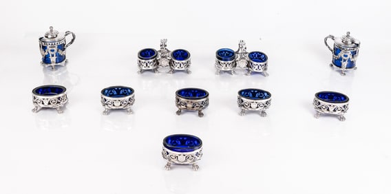 Louis XVI Silver and Glass Condiment Set, 10